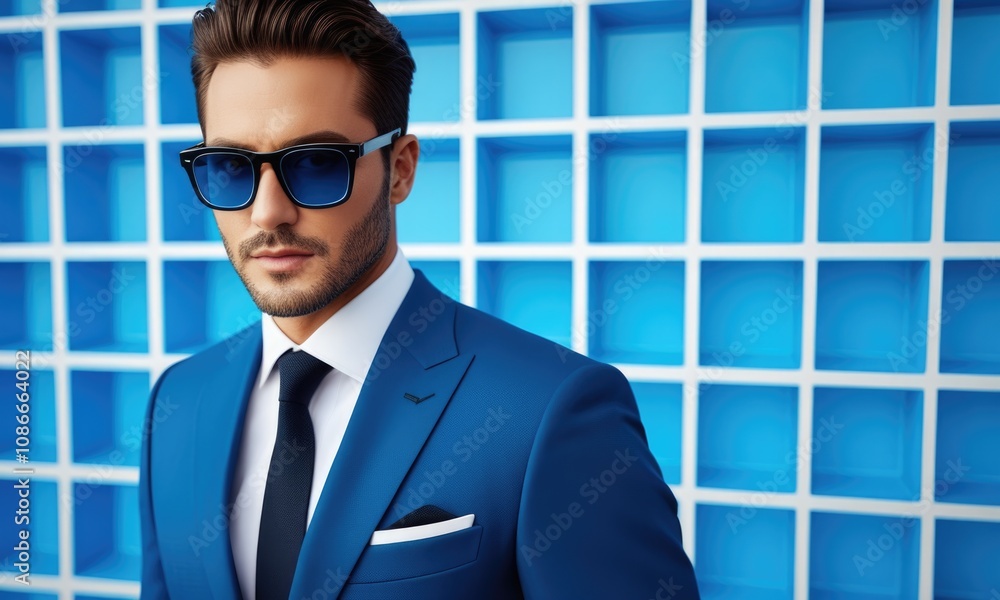 Contemporary style portrait of a confident man in blue suit and sunglasses Contemporary style portrait of a confident man in blue suit and sunglasses