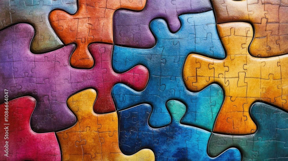 Vibrant abstract puzzle design featuring interlocking pieces in a spectrum of colors including purple, orange, blue, and yellow with a textured appearance. Vibrant abstract puzzle design featuring interlocking pieces in a spectrum of colors including purple, orange, blue, and yellow with a textured appearance.