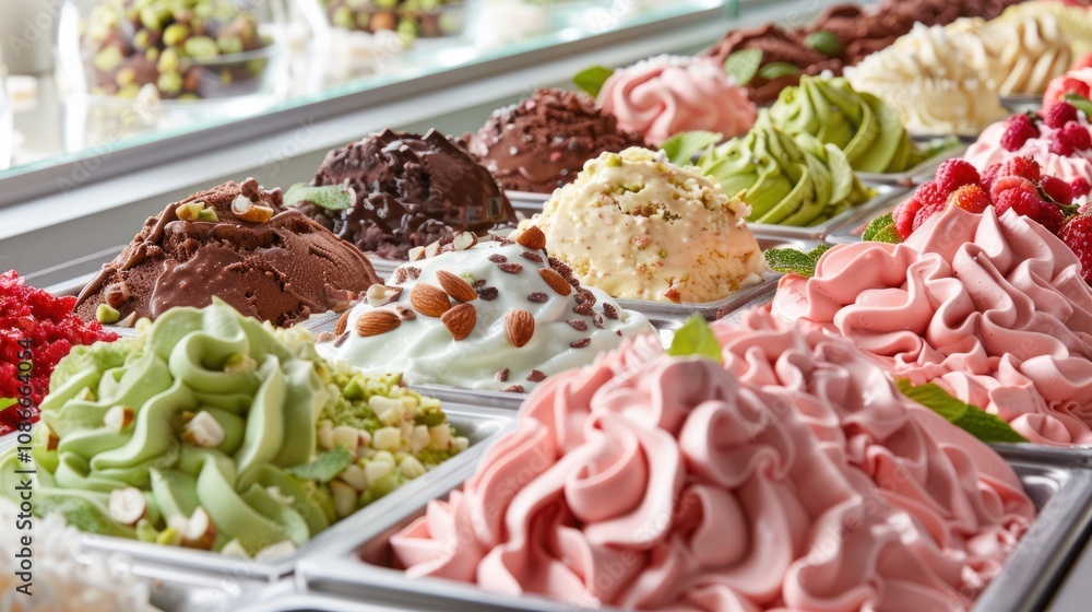 A variety of ice creams, each topped with fresh fruits and crunchy nuts. The mix of sweet, creamy textures with the vibrant toppings offers a delightful and refreshing treat. A variety of ice creams, each topped with fresh fruits and crunchy nuts. The mix of sweet, creamy textures with the vibrant toppings offers a delightful and refreshing treat.