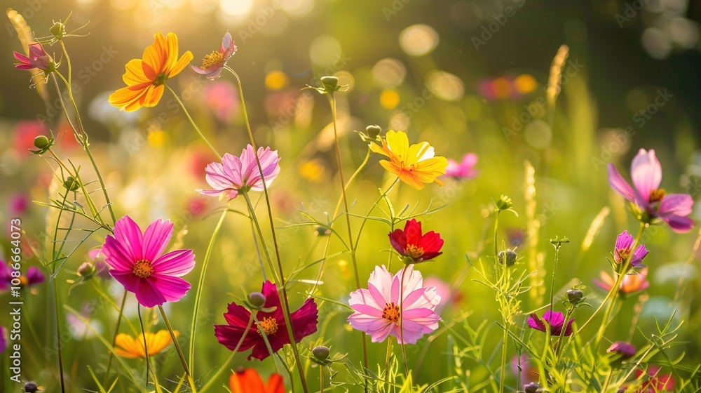 Vibrant cosmos flowers in a sunny meadow Vibrant cosmos flowers in a sunny meadow