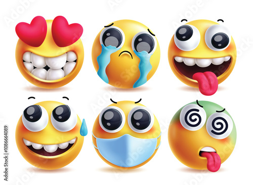 Goofy emoji vector characters set. Emojis in love, sob, silly, relief, flu and dizzy clip art facial expressions yellow icon elements. Vector illustration goofy emoji collection.
