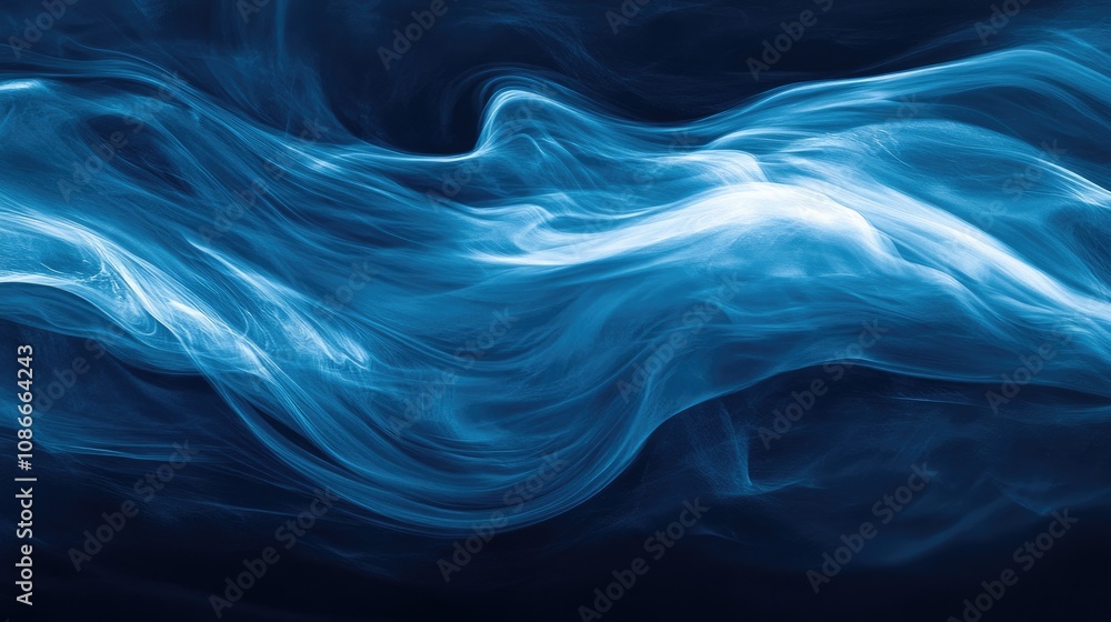 Fototapeta premium Misty blue smoke swirling on a dark backdrop creating an ethereal fog effect with dynamic motion, highlighting fluidity and depth amidst a mystic atmosphere, abstract art.