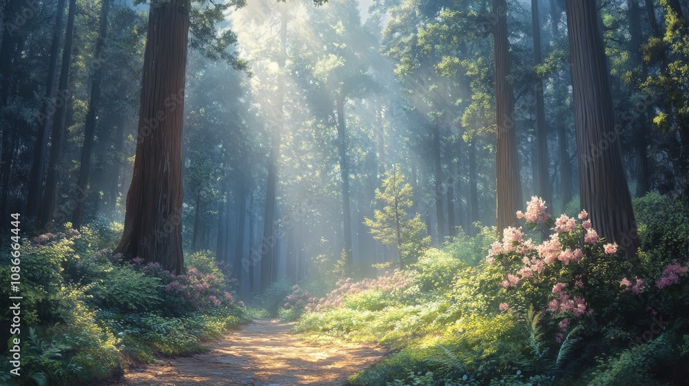 Obraz premium A serene forest pathway illuminated by soft sunlight filtering through tall trees, surrounded by vibrant flowers and lush greenery.