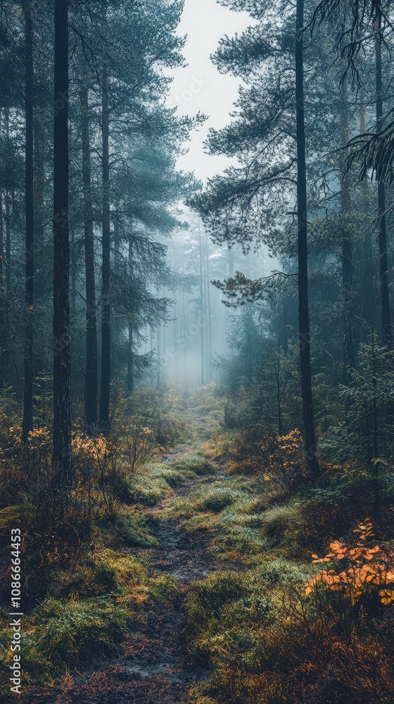 Fototapeta premium A serene forest path shrouded in mist, surrounded by towering trees and vibrant undergrowth, creating a tranquil natural escape.