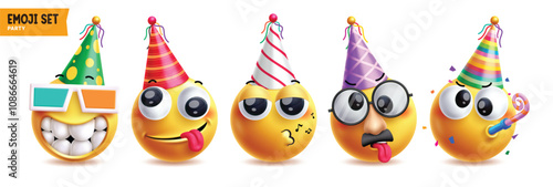 Birthday emoji vector characters set. Happy birthday emojis wearing colorful party hat with funny, cool, singing, mischievous, adult and blowing balloon clipart facial expressions. Vector illustration