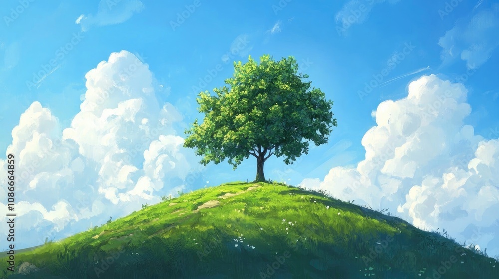 Fototapeta premium Majestic solitary tree flourishing atop a vibrant green hill against a clear blue sky with fluffy white clouds.
