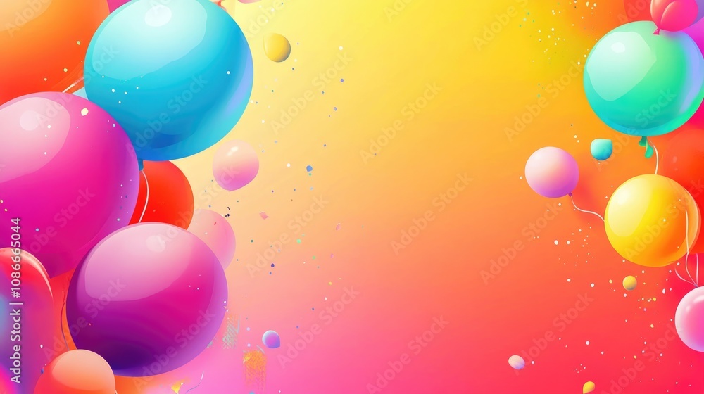 Colorful balloons in various shades with a vibrant gradient background, featuring a blank area for text, creating a festive and cheerful atmosphere. Colorful balloons in various shades with a vibrant gradient background, featuring a blank area for text, creating a festive and cheerful atmosphere.