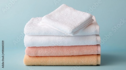 Soft and Plush Towels Stacked Neatly on a Light Blue Background for a Fresh and Inviting Bathroom Decor, Spa or Wellness Design Concept