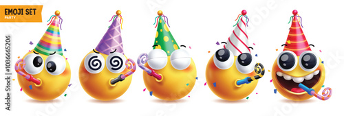 Birthday emoji vector characters set. Happy birthday emojis wearing colorful party hat and blowing balloon with serious, funny and dizzy character graphic design. Vector illustration playful emoji 