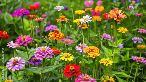 Colorful zinnias in a cottage garden