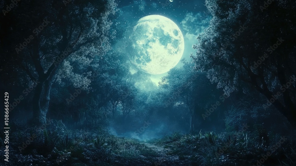 Enchanting moonlit forest scene with towering trees and vibrant vegetation, radiating a mystical ambiance under a bright, full moon at night. Enchanting moonlit forest scene with towering trees and vibrant vegetation, radiating a mystical ambiance under a bright, full moon at night.