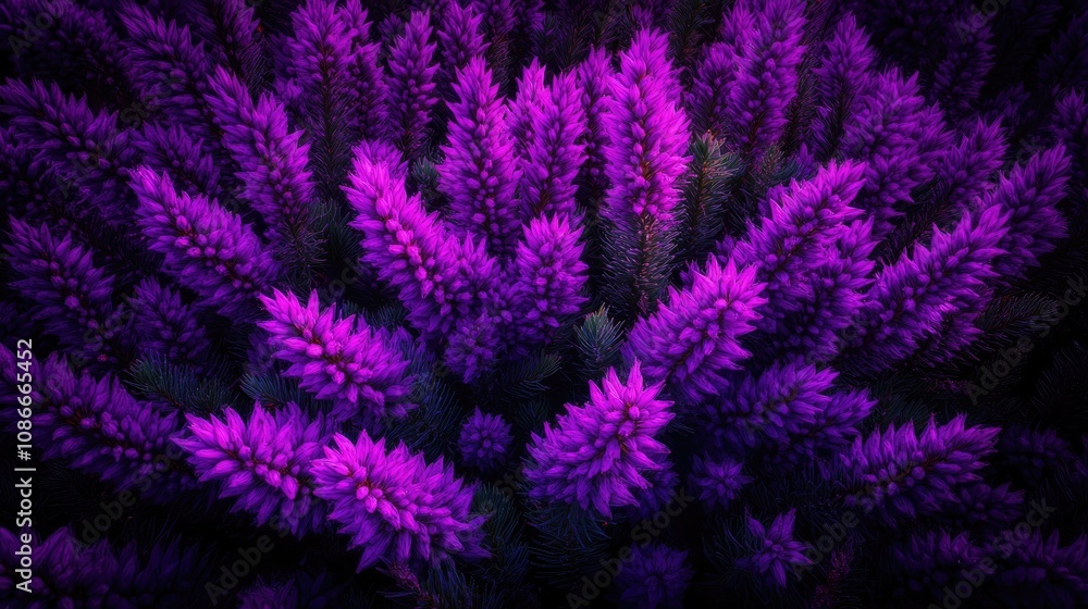 Vibrant cluster of lilac pink common heather blossoms surrounded by soft-focused lush greenery in a tranquil forest setting Vibrant cluster of lilac pink common heather blossoms surrounded by soft-focused lush greenery in a tranquil forest setting