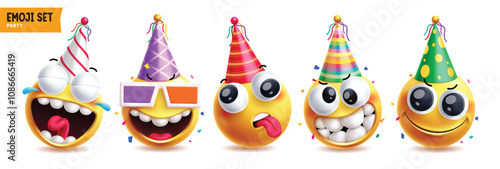Happy birthday emoji vector characters set. Birthday party emojis wearing colorful hat in goofy, cool, tired, funny and cute smile clip art facial expressions graphic elements. Vector illustration