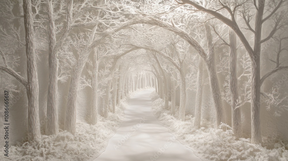A serene winter pathway lined with snow-covered trees, creating a tranquil atmosphere. A serene winter pathway lined with snow-covered trees, creating a tranquil atmosphere.