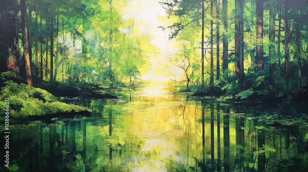 Lush Green Forest Reflection in Tranquil Water with Sunlight Filtering Through Trees Creating a Serene and Inviting Atmosphere Lush Green Forest Reflection in Tranquil Water with Sunlight Filtering Through Trees Creating a Serene and Inviting Atmosphere