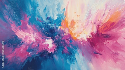 Dynamic explosion of pink and blue paint swirls creating an energetic visual spectacle with vivid color contrasts and a sense of movement photo