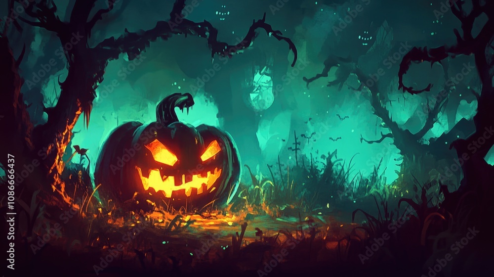Naklejka premium Eerie Halloween scene featuring a glowing sinister pumpkin surrounded by twisted trees and a misty forest ambiance, ideal for themed illustrations and decorations.