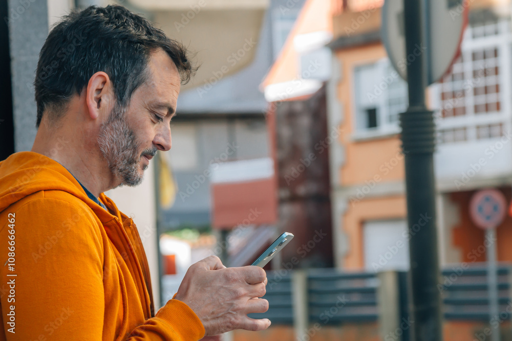 Casual mature man on the street chatting with mobile phone Casual mature man on the street chatting with mobile phone