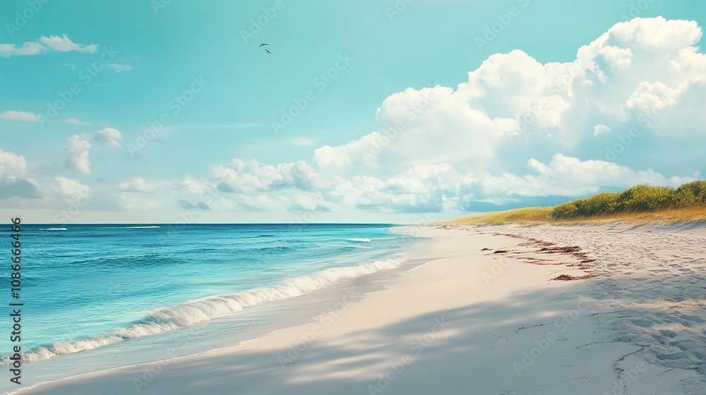 Fototapeta premium Beautiful white sandy beach and calm blue sea with bright blue sky as the backdrop. A great summer vacation spot