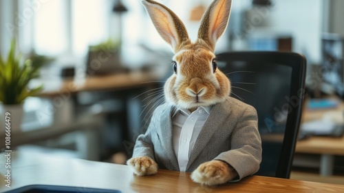 Rabbit in Business Casual Attire Sitting at a Desk in an Office, Symbolizing Agility and Quick Thinking in a Professional Setting photo