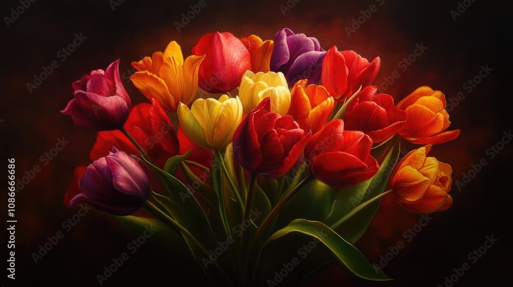 Vibrant bouquet of tulips featuring an array of colors, set against a rich dark background, showcasing elegance and beauty. Vibrant bouquet of tulips featuring an array of colors, set against a rich dark background, showcasing elegance and beauty.