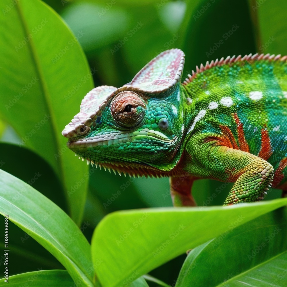 Fototapeta premium A vibrant green chameleon perched on a branch, its body blending seamlessly