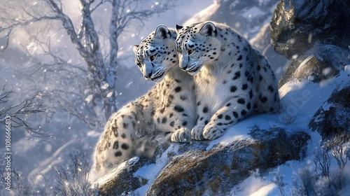 Two Snow Leopards Resting on a Snowy Mountainside photo