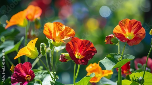 Colorful nasturtiums in a sunny garden