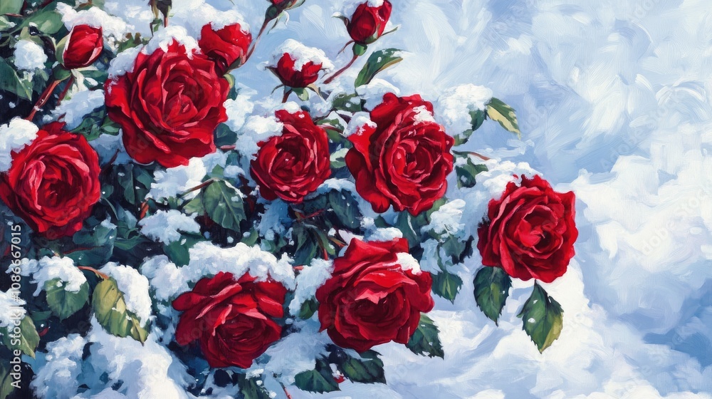 Vibrant red roses blooming amidst a soft blanket of pristine white snow, highlighting a striking contrast between floral beauty and winter chill. Vibrant red roses blooming amidst a soft blanket of pristine white snow, highlighting a striking contrast between floral beauty and winter chill.