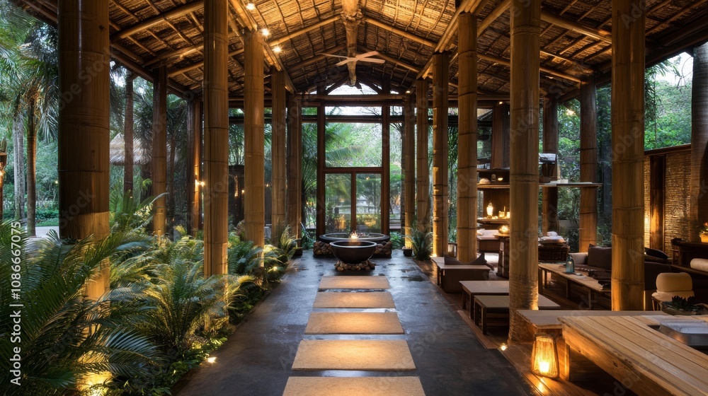 Serene Bamboo Retreat Interior with Natural Light and Lush Greenery, Featuring Rustic Design Elements and Relaxing Atmosphere for Wellness and Tranquility Serene Bamboo Retreat Interior with Natural Light and Lush Greenery, Featuring Rustic Design Elements and Relaxing Atmosphere for Wellness and Tranquility