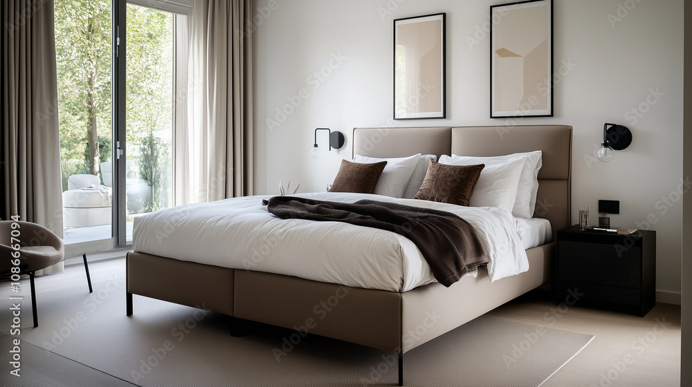 Fototapeta premium Elegant Double Room with Warm Pastel Brown Aesthetics