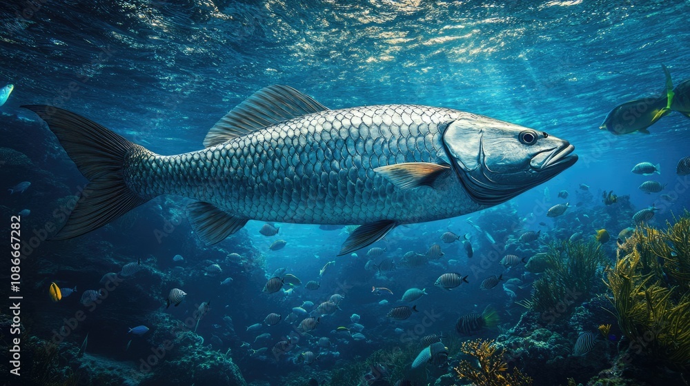 Tarpon Fish Swimming Through a Coral Reef Tarpon Fish Swimming Through a Coral Reef