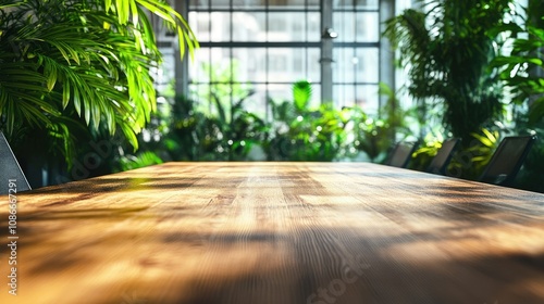 Serene Workspace with Wooden Table Surrounded by Lush Green Plants in a Brightly Lit Modern Office Environment