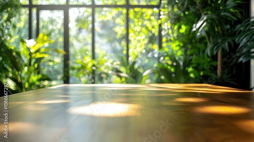 Bright and Lush Indoor Garden with Sunlight Filtering Through Windows Over a Wooden Table Surface, Perfect for Nature-Inspired Interiors and Designs