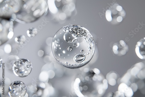 Silver shiny bubbles flows over a gray background.