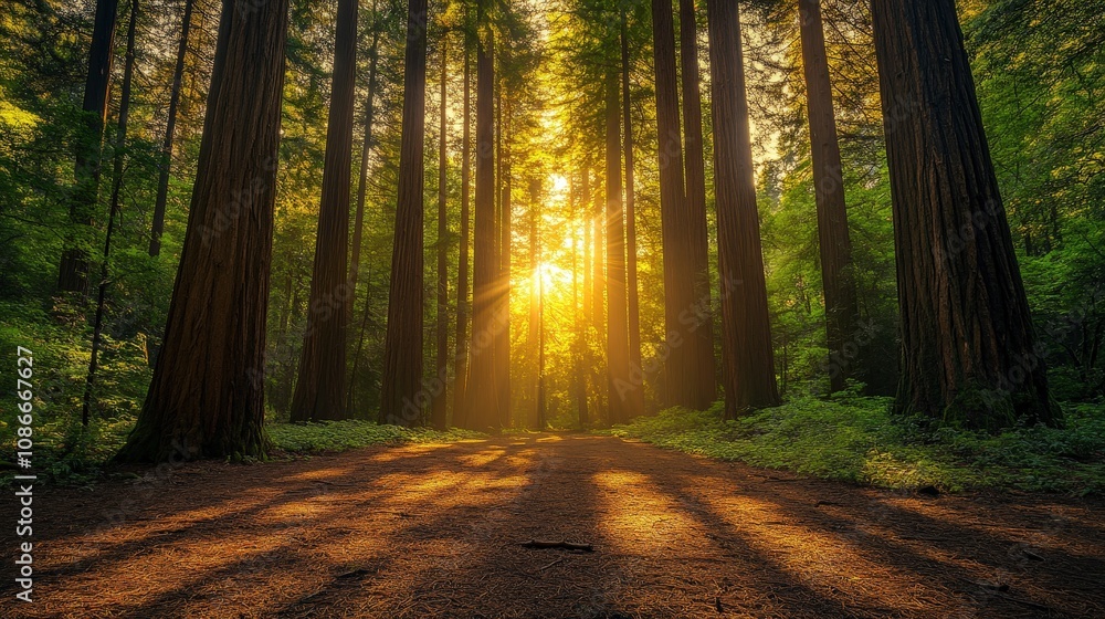 Fototapeta premium A serene path through towering trees, illuminated by golden sunlight, creating a magical and peaceful forest atmosphere.