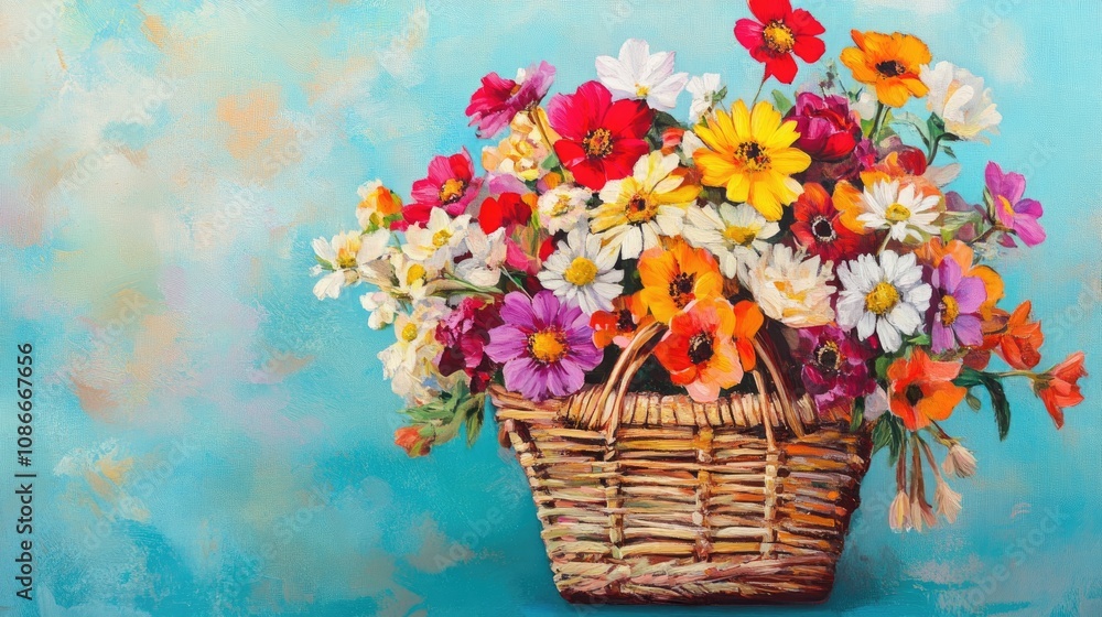 Vibrant flower arrangement in a wicker basket against a soft blue background, ideal for gift ideas and cheerful decor. Vibrant flower arrangement in a wicker basket against a soft blue background, ideal for gift ideas and cheerful decor.