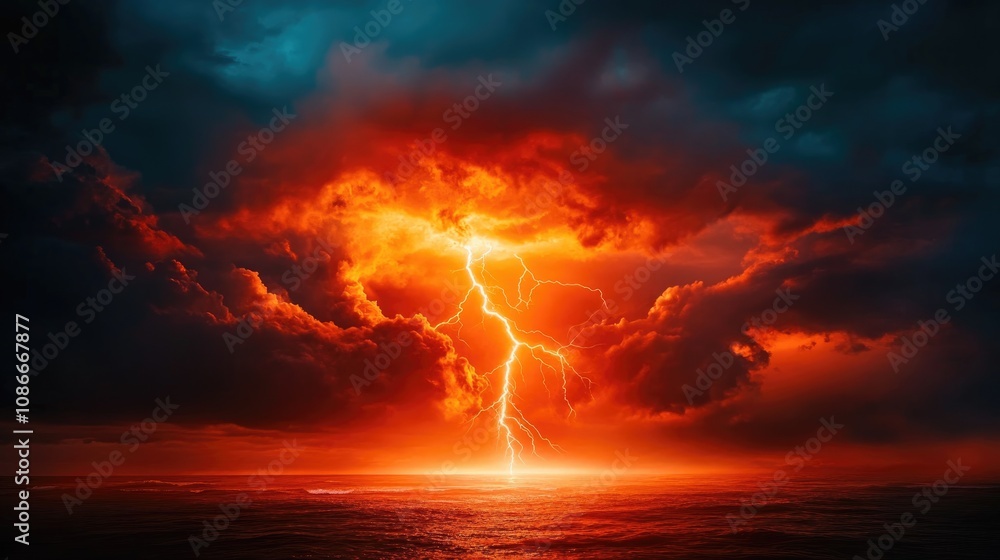 Dramatic lightning illuminates a stormy sky over a turbulent sea, creating a striking contrast of orange and dark clouds, blending elements of myth and reality. Dramatic lightning illuminates a stormy sky over a turbulent sea, creating a striking contrast of orange and dark clouds, blending elements of myth and reality.