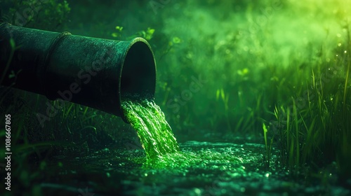 Green algae-infested water pours from a metal pipe into a vibrant, grassy area, showcasing the contrast between pollution and lush spring growth.