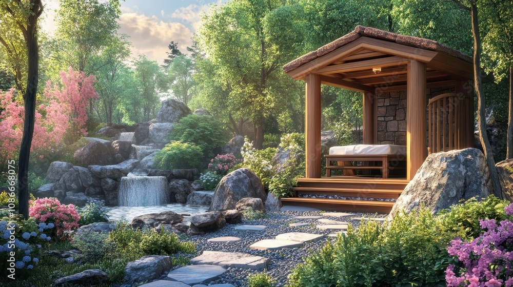 Tranquil Garden Retreat with Natural Elements, Waterfall, and Elegant Gazebo Surrounded by Colorful Flowers and Lush Green Foliage in a Serene Environment Tranquil Garden Retreat with Natural Elements, Waterfall, and Elegant Gazebo Surrounded by Colorful Flowers and Lush Green Foliage in a Serene Environment