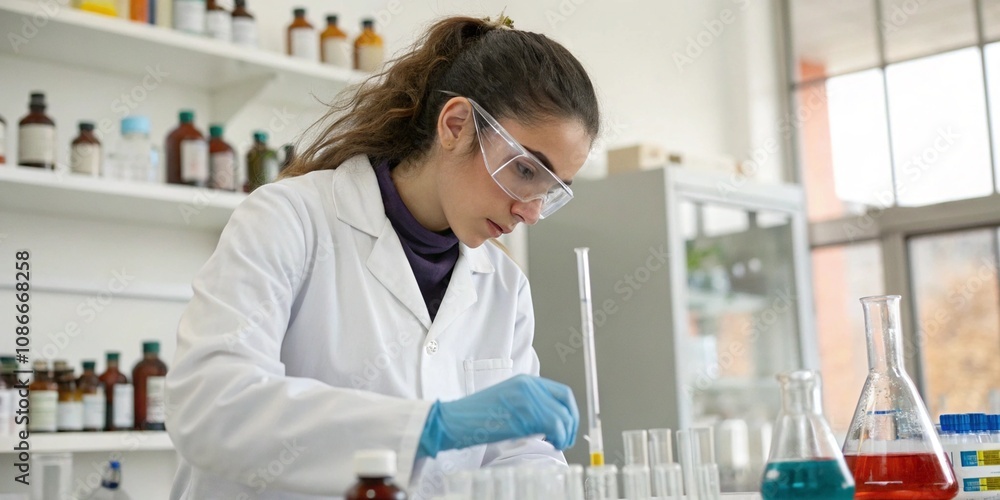 education, science and children concept - child chemist in goggles with studying test tube with chemical at home laboratory education, science and children concept - child chemist in goggles with studying test tube with chemical at home laboratory