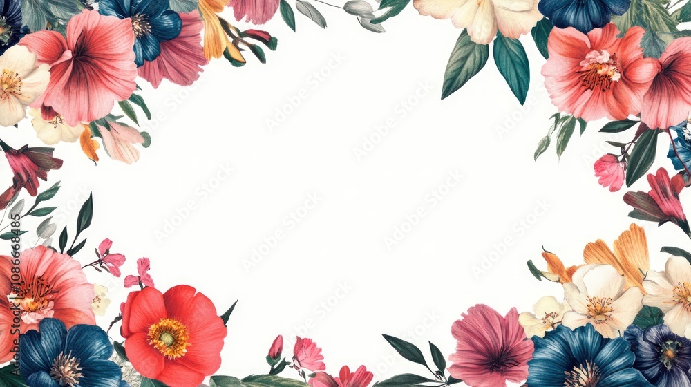 Obraz premium Botanical floral border with vibrant flowers in various colors framing a central white space, viewed from a top perspective in a flat lay style.