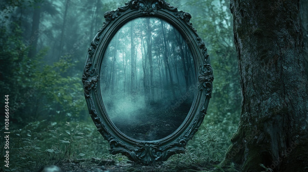Obraz premium Enchanted Mirror Reflects Mystical Forest Scene with Dense Foliage, Mist, and Eerie Lighting in a Surreal Dreamlike Setting of Nature's Beauty