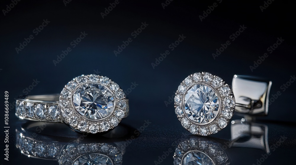 Elegant Silver Jewelry Set Featuring Brilliant Round Cut Diamonds and Sparkling Accents on a Dark Background for Luxurious and Timeless Appeal Elegant Silver Jewelry Set Featuring Brilliant Round Cut Diamonds and Sparkling Accents on a Dark Background for Luxurious and Timeless Appeal