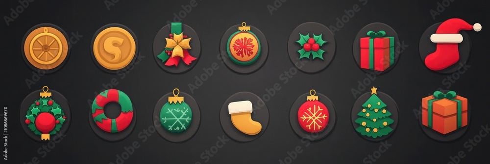 Simple Christmas icons on Deep Charcoal in colors of Amber, Emerald Green, and Crimson Red with Charcoal Gray shadows and Cool Gray emboss Simple Christmas icons on Deep Charcoal in colors of Amber, Emerald Green, and Crimson Red with Charcoal Gray shadows and Cool Gray emboss