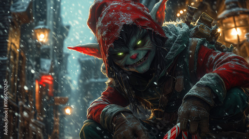 Sinister Holiday Elf in Snowy Night Scene