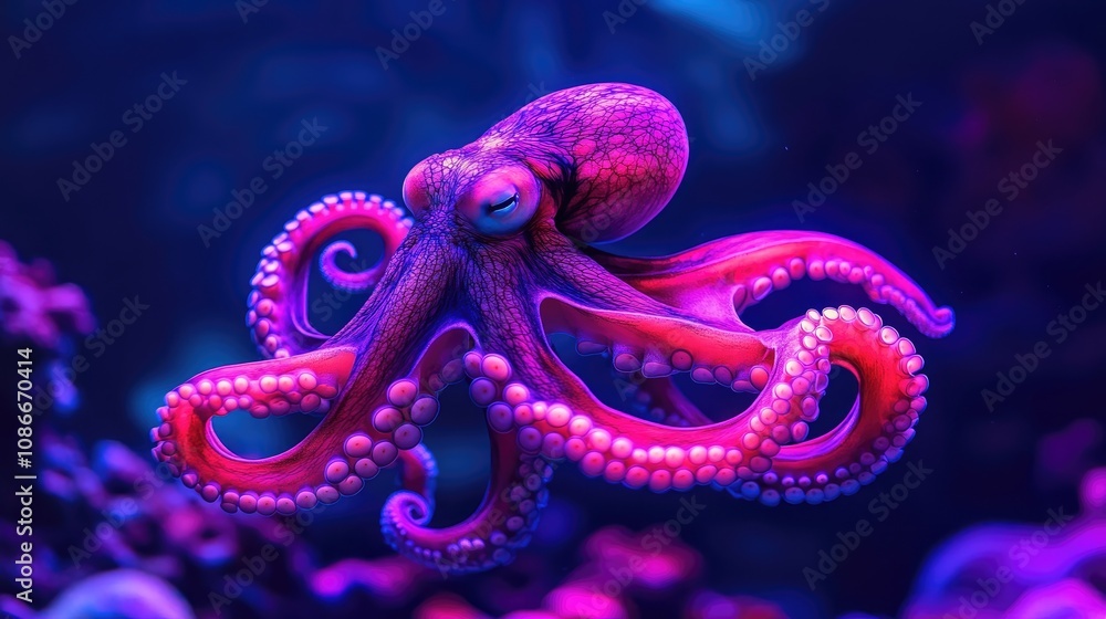 Obraz premium A vibrant octopus gracefully glides through clear waters, its colorful tentacles swirling above a bright coral reef bathed in soft, enchanting light.