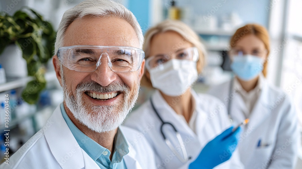 A smiling group of healthcare professionals in lab coats and masks, working together in a bright, modern laboratory setting. A smiling group of healthcare professionals in lab coats and masks, working together in a bright, modern laboratory setting.
