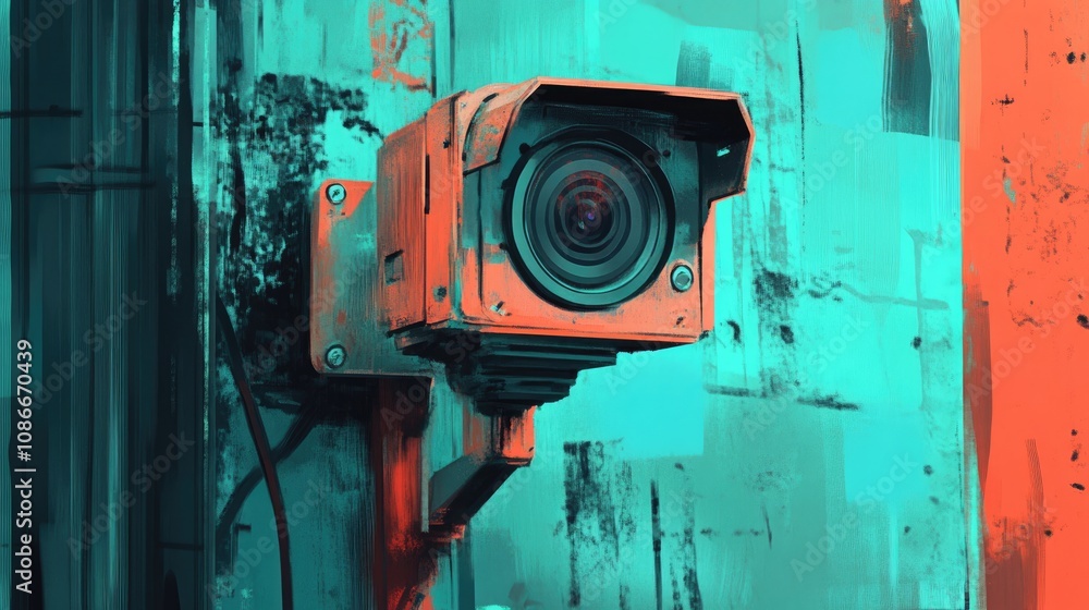 Digital illustration of a vibrant surveillance camera mounted on a textured wall, featuring bold turquoise and orange color contrasts and a modern design. Digital illustration of a vibrant surveillance camera mounted on a textured wall, featuring bold turquoise and orange color contrasts and a modern design.