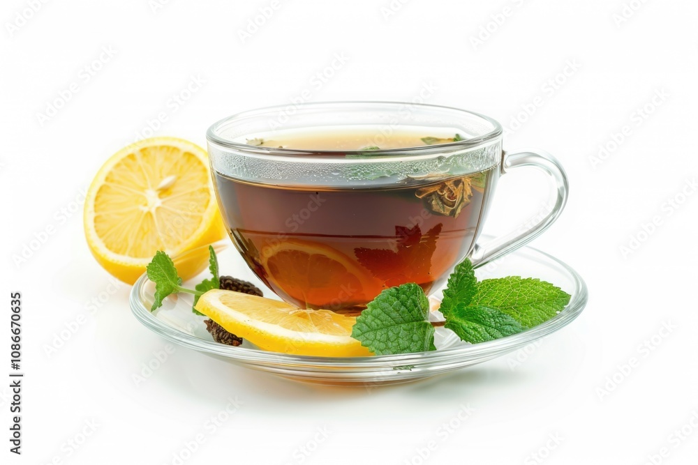 Tea with mint and lemon in white cup on white background. Tea with mint and lemon in white cup on white background.